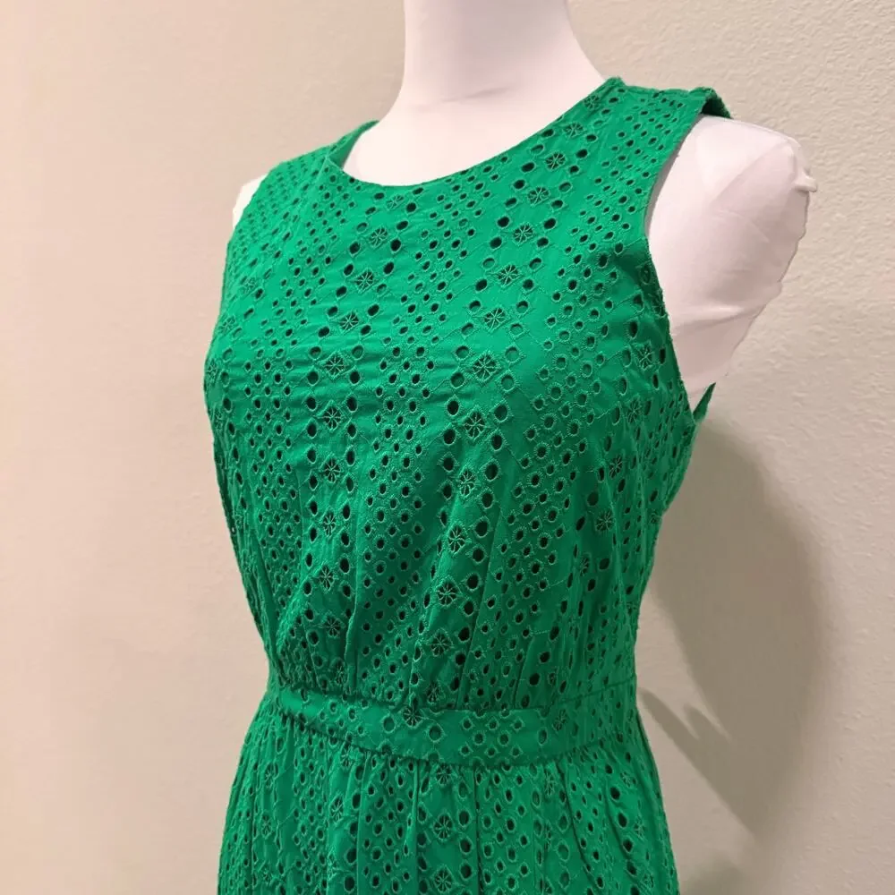 J.Crew Emerald Green Eyelet Midi Dress Ruffle Hem Resort Summer 100% Cotton 6 - Picture 4 of 10